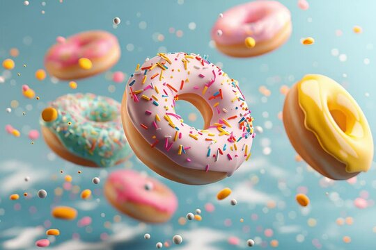 Illustration of Donuts with pastel glaze and colorful sprinkles flying through the air against a blue background