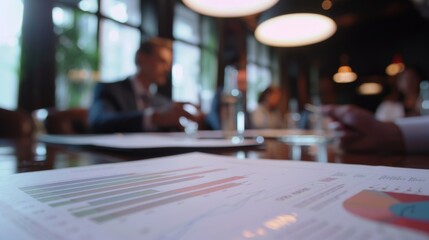 professionals discussing ideas and making decisions at a conference table, blurred background with report presentation