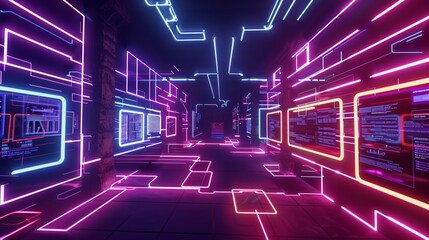 A VR archive simulation showcases data in neon circuits, with interactive collections and detailed 3D models.
