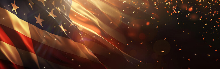 Waving the American flag gracefully waving in the wind against a backdrop of shiny colourful sprinkle with dark background