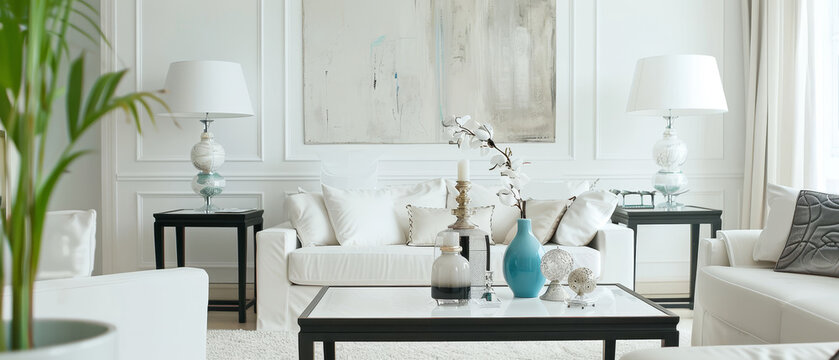 Chic living room with white walls, trendy furniture, and decorative accents, ideal for contemporary living