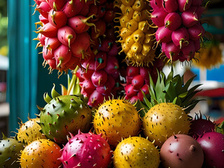 Exotic Fruit Fiesta Colorful Market Stall Delights with Dragon Fruit, Rambutan, Starfruit, and Passionfruit Galore!