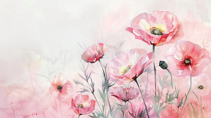 painting watercolor flower background illustration floral nature. pink poppies flower background for greeting cards weddings or birthdays. Copy space.