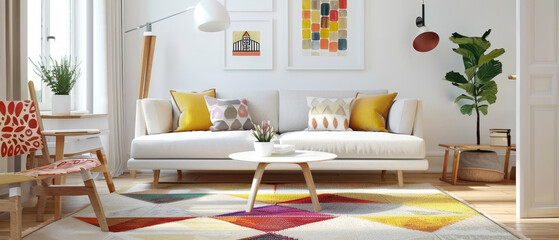 Cozy and bright living room with white wall and colorful rug