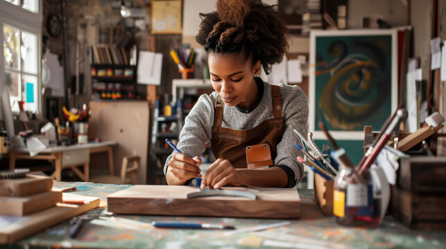 DIY Home Workspace: 28-Year-Old Woman Engages in Project with Tools and Paint