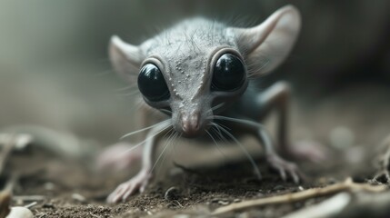 Creepy Grey Alien rat with Oversized Black Eyes.