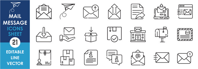 A set of line icons with mail, and message. Mail, deliver, inbox, send and receive, notification, digital, post office, package, stamp and so on. Vector outline icons sets.
