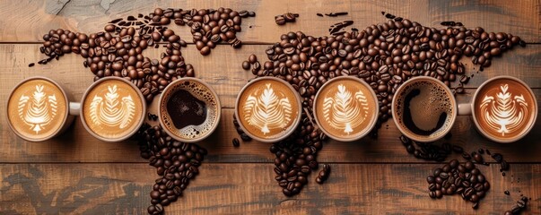 Map with coffee symbols for International Coffee Day, clean backdrop