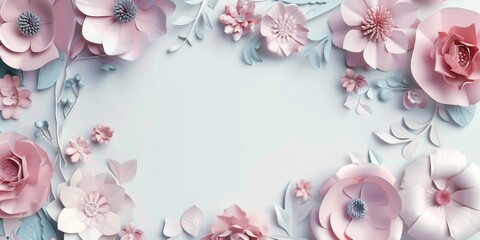 paper cut flowers on pastel background with copy space.