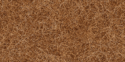 Pressed coconut fiber in the form of a seamless texture on the surface of a mattress or slab. Top view of tangled pattern of brown threads. Natural hypoallergenic material for household items