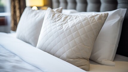 Cozy hotel bed with plump pillows and white linens, inviting rest and relaxation in a modern, elegant room setting.