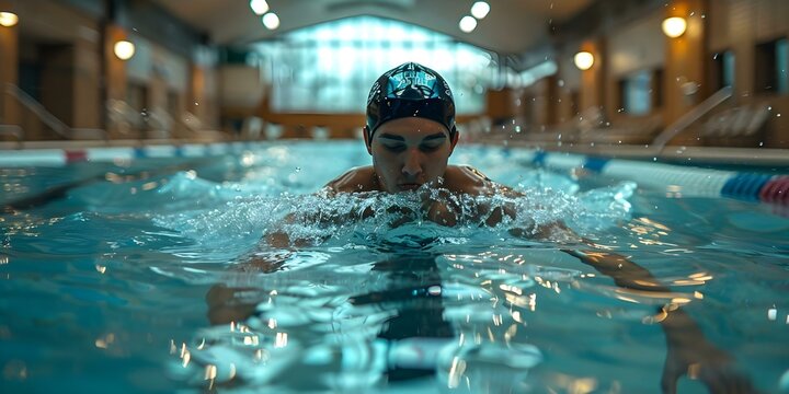 A swimmer races through clear blue water in a pool. Concept Sports, Swimming, Competition, Fitness, Water-based Activities