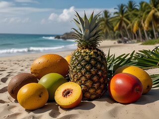 Exotic Tropical Fruit Display Pineapples, Mangoes, Papayas, and Coconuts on Sandy Beach with Ocean Backdrop