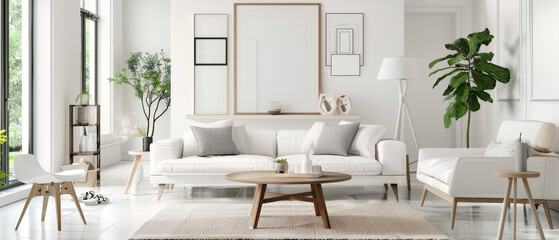 Stylish living room with white walls, trendy decor, and cozy seating, ideal for contemporary living