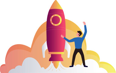 A boy stands next to a rocket.