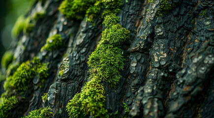 Detailed texture of tree bark with moss
