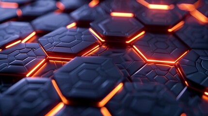 Obraz premium A hexagon pattern with a 3D effect and glowing edges, set against a dark background, creating a futuristic and dynamic design.