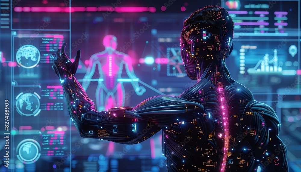 Leinwandbilder Futuristic AI robot in a high-tech environment, displaying digital data and holograms, symbolizing advanced technology and innovation.