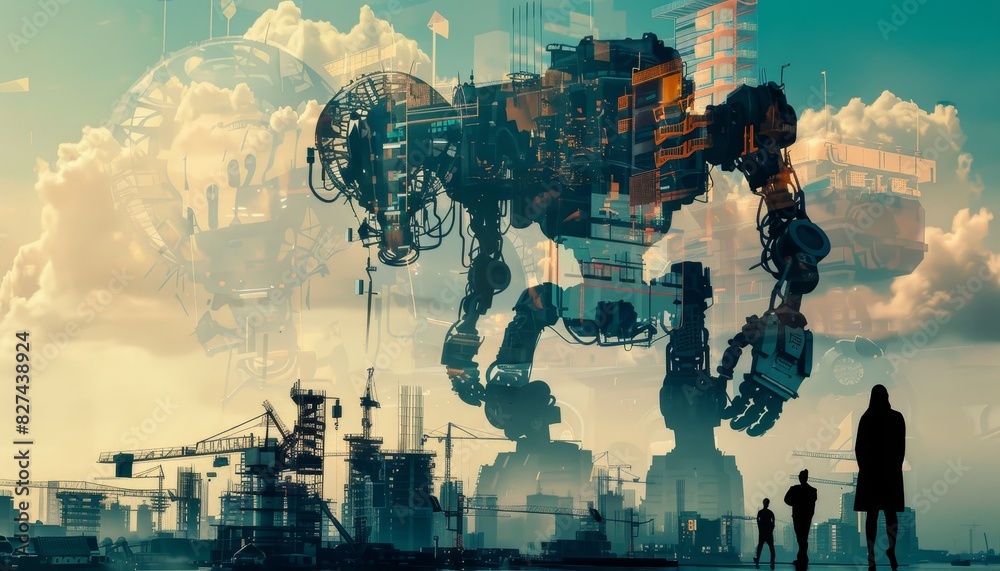 Wall mural Futuristic cityscape with a giant robot and people, highlighting advanced technology and urban development under a vibrant sky.