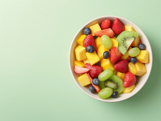 a colorful fruit salad in a bowl on a soft green background