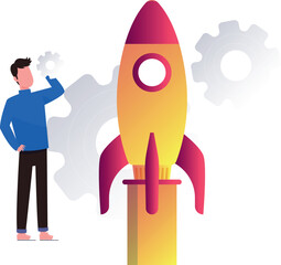 Boy looking at business startup rocket.