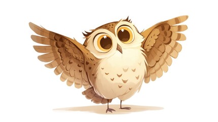 Obraz premium A charming cartoon owlet with brown and yellow feathers adorned with striped wings is depicted in a delightful colorless and whimsical style against a clean white background