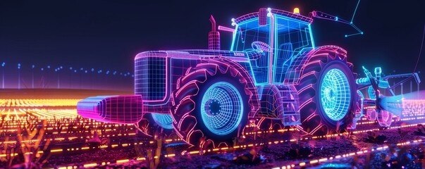 Futuristic neon tractor in a digital field at night. High-tech agricultural machinery, concept of advanced farming technology.