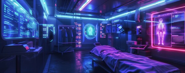 Futuristic neon-lit hospital room with advanced medical technology, patient bed, and holographic displays creating a sci-fi atmosphere.