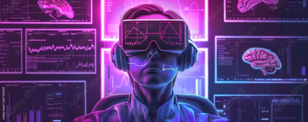 Poster Futuristic scene of a person using VR headset in a neon-lit room with brainwave data on screens, symbolizing advanced technology and neuroscience.
