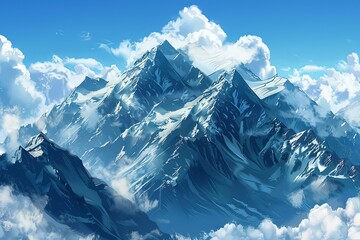 A painting showcasing a mountain range enveloped by clouds, with snow-capped peaks visible. Generative AI