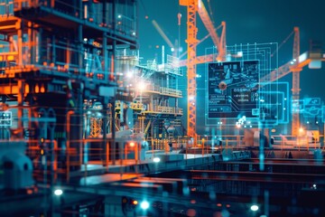 Modern construction site at night with cranes and scaffolding, illuminated by bright lights and digital overlay of project plans.