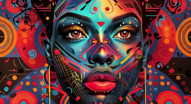 A womans face is adorned with detailed tribal patterns in vibrant colors and bold geometric shapes