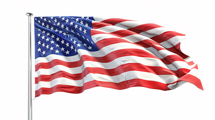 Clean and modern photograph of the USA flag waving majestically against a pure white background, conveying a sense of pride and patriotism.