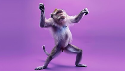 A purple background with a monkey on it. The monkey is dancing.