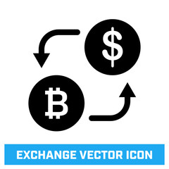 Bitcoin and Dollar exchange vector icon with arrows.