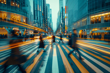 Blurred Motion of Pedestrians Crossing Busy City Street at Twilight
