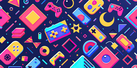 Pixel Play: Pixel art-inspired pattern with simple shapes and bright colors, reminiscent of retro video games