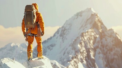 mountain climber climbing To go up and conquer the top of a high mountain. and has complete climbing equipment.