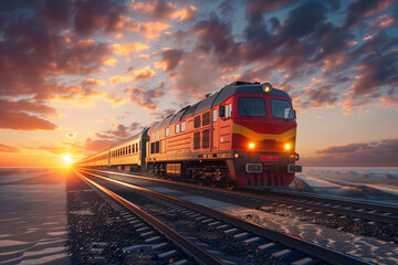 Fototapeta premium Scenic Sunset View of Train on Tracks Adventure Travel Concept,train