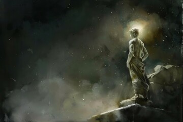 Fototapeta premium Timeless Stoic Statue An Iconic Sculpture Blending Ancient Greek and Roman Mythology with Stoical Expressionism Showcasing Heroic Strength Resilience and Wisdom