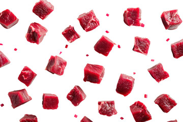 Raw beef meat cubes scattered across a white surface, like dice on a game board, isolated on white background