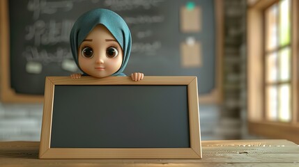 3d cartoon muslim woman with hijab next to the blackboard.