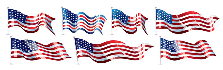 American flag waves perspective vector set of national flags of the usa Collection of american flags of various shapes on a white background vector illustration