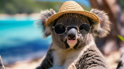 Obraz premium Relaxing koala with sun hat and sunglasses on beach.