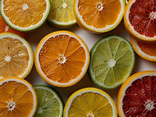 Vibrant Citrus Halves Close-up Showcase of Juicy Lemons, Limes, and Oranges on White Background