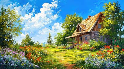 Summer landscape of the Polish countryside, an old wooden house surrounded by fields, meadows and flowers, idyllic view, oil painting.