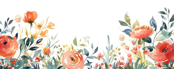 Obraz premium Beautiful watercolor floral design with vibrant flowers and leaves on a white background, perfect for invitations, cards, and decorative elements.