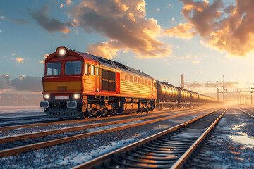 Fototapeta premium Freight Train on Railway with Beautiful Sunset in the Background