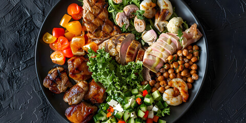 Top view delicious food plate on a black background Healthy bowl with grilled chicken quinoa chickpea kale broccoli and tomatoes Healthy food concept Fresh green salad .