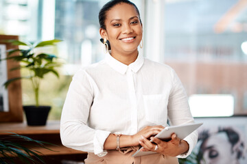 Black woman, portrait and tablet in office for business career in journalism, online and working on...